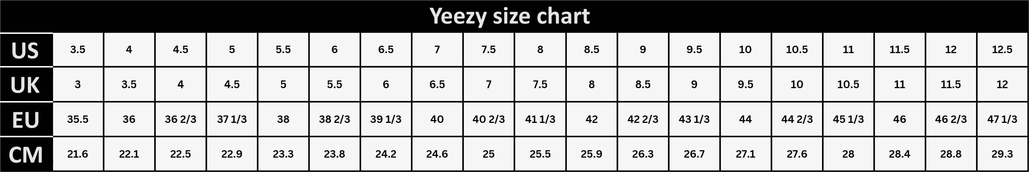 yeezy size chart